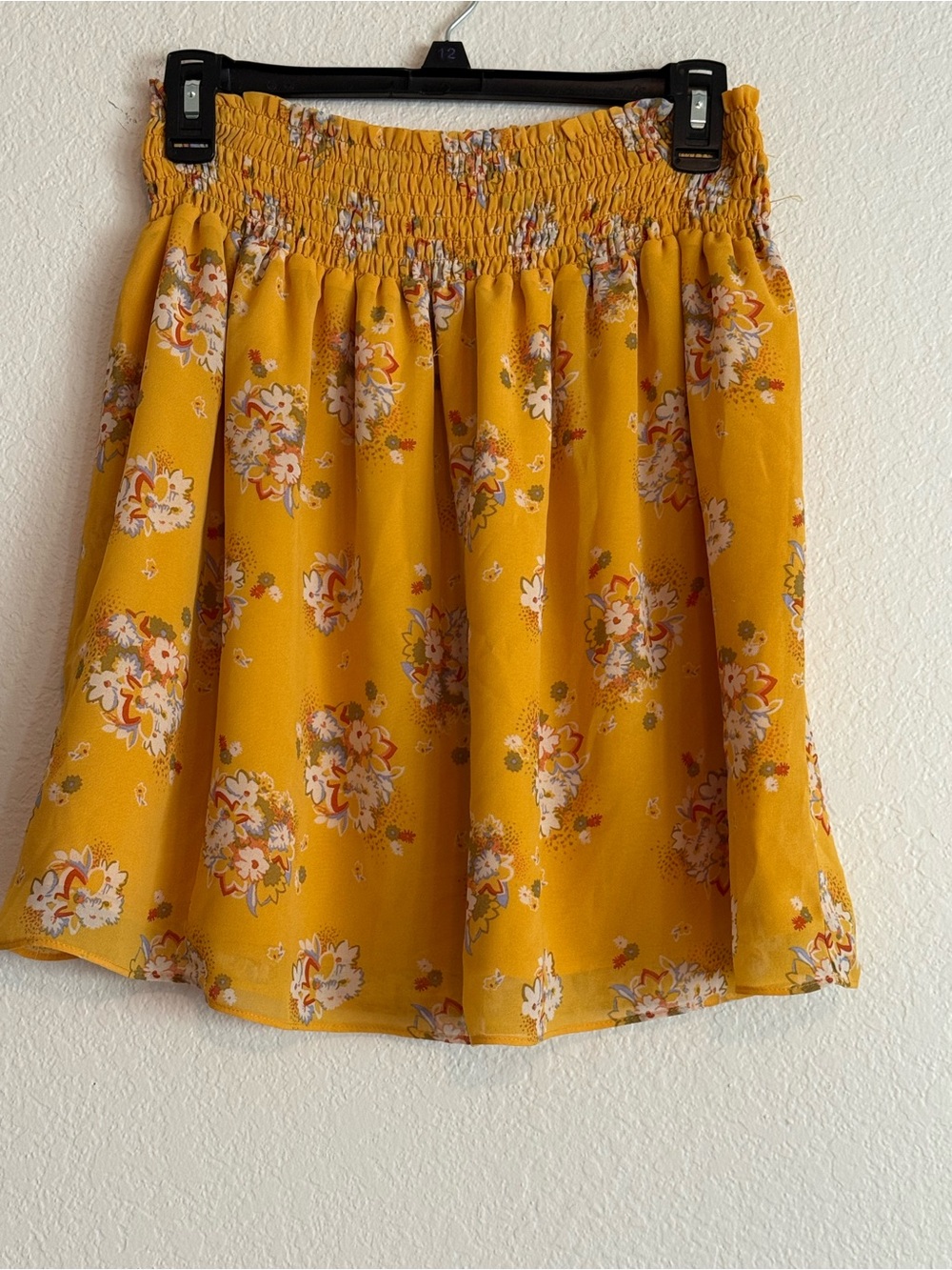 LOFT Mustard Floral Smocked Mini Skirt-Fully Lined-L